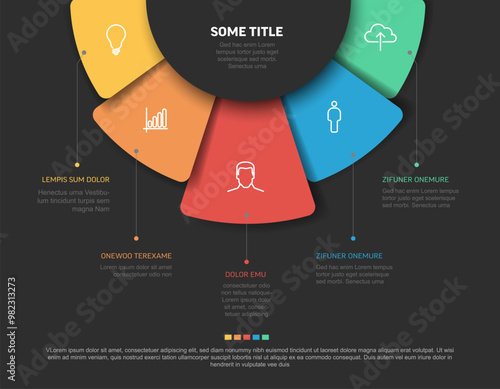 Vector multipurpose Infographic template with five rounded elements on the top, description and icons on fan colored shapes with dark center and background