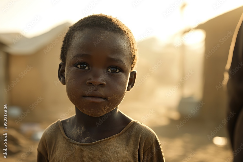 A black African boy stands in a dusty slum with an uncertain future ahead A black African boy stands in a dusty slum with an uncertain future ahead