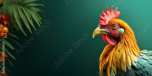 Colorful rooster on the background of tropical plants. 3d rendering