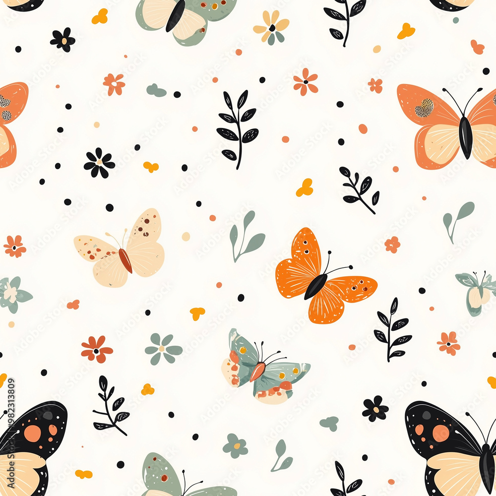 Cute butterflies with small flowers seamless pattern on background for fabric, curtain, wallpaper, clothing, wrapping, vector Cute butterflies with small flowers seamless pattern on background for fabric, curtain, wallpaper, clothing, wrapping, vector