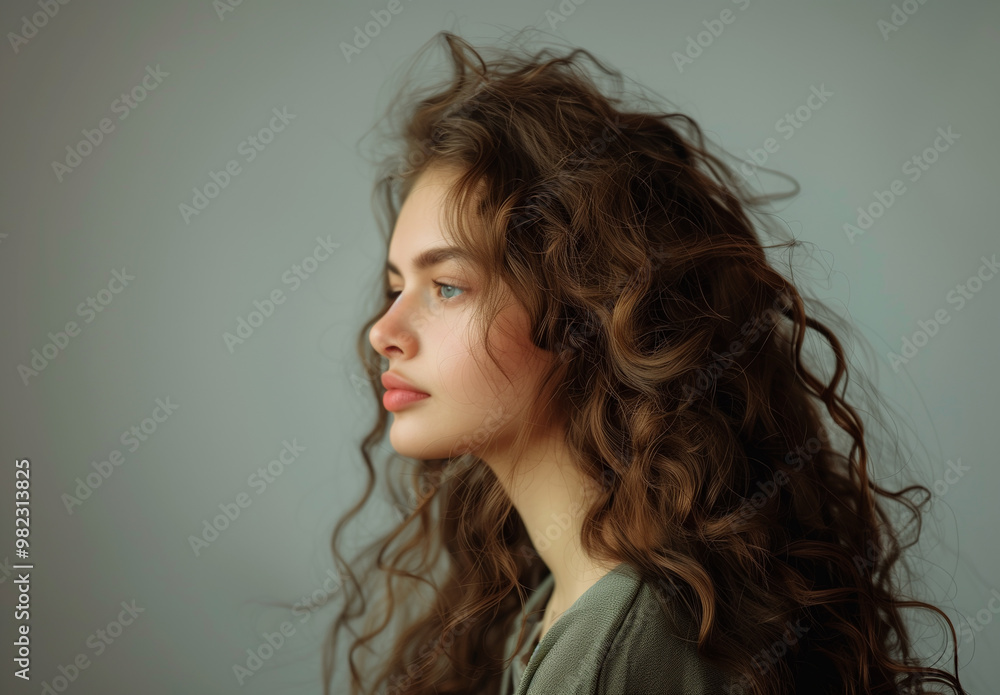 Good-looking female model with fresh clean skin, natural makeup and long wavy hairstyle posing on studio background. Coiffure, cosmetic and hair care concept Good-looking female model with fresh clean skin, natural makeup and long wavy hairstyle posing on studio background. Coiffure, cosmetic and hair care concept