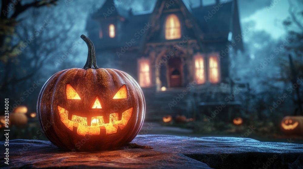 Halloween pumpkin with candlelight in front of a haunted house background, Halloween pumpkin with candlelight in front of a haunted house background,