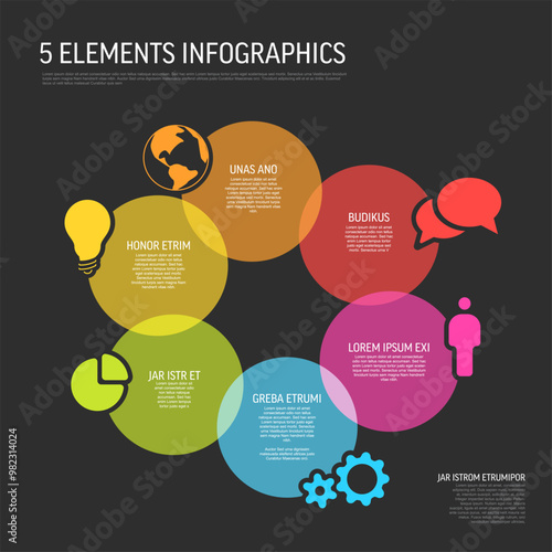 Fresh Colorful Infographic multipurpose Template with Six Rainbow circle items on black background with icons and descriptions. Multipurpose infochart cycle template