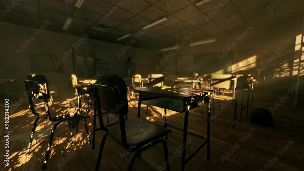 Dusty and empty, the old classroom features weathered desks and chairs, with beams of sunlight streaming through the windows, highlighting years of neglect and silence. Dusty and empty, the old classroom features weathered desks and chairs, with beams of sunlight streaming through the windows, highlighting years of neglect and silence.