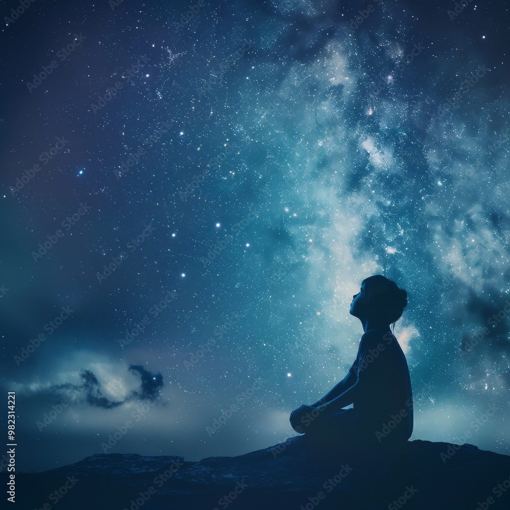 Silhouette of a Child Gazing at a Starry Night Sky - Dreaming and Wonder Under the Cosmos Silhouette of a Child Gazing at a Starry Night Sky - Dreaming and Wonder Under the Cosmos