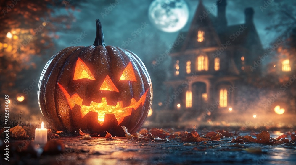 Halloween pumpkin with candlelight in front of a haunted house background, Halloween pumpkin with candlelight in front of a haunted house background,