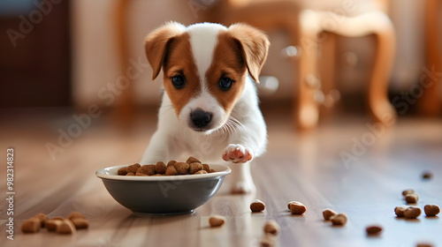 A small cute Jack Russell puppy near a bowl of food. AI Generated