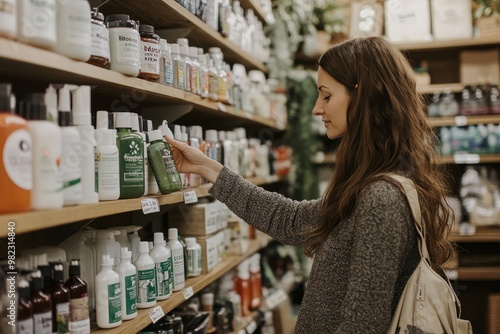 Shopper exploring a selection of eco-friendly cleaning products in a home supply shop.