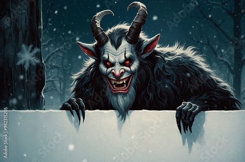 Scary vintage retro style illustration of scary Krampus looking from behind the white surface with copy space, and snowy winter landscape in the back. Horror Christmas holiday mockup template. photo