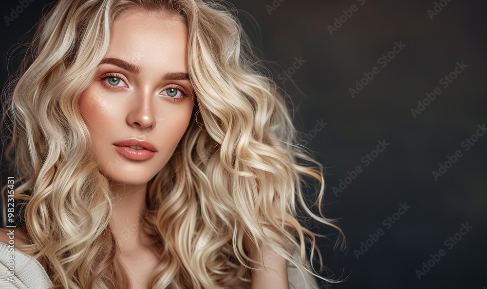 Young blonde woman with long wavy hair on white background. Beautiful face close-up. Haircare, salon cosmetic and coiffure concept Young blonde woman with long wavy hair on white background. Beautiful face close-up. Haircare, salon cosmetic and coiffure concept