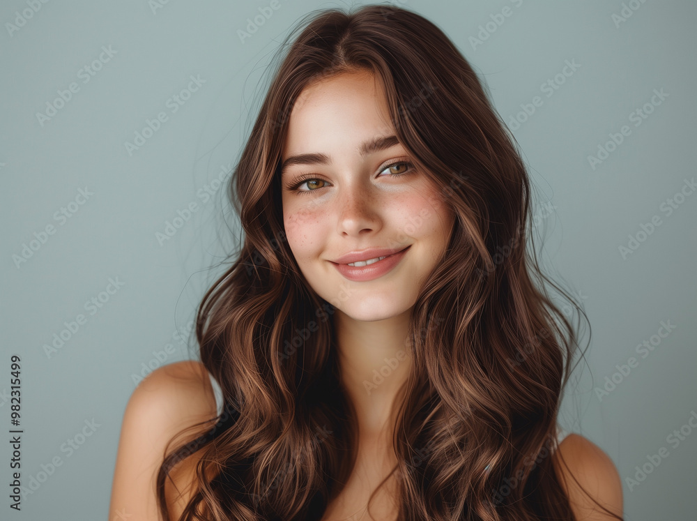 Smiling brunette model woman with long curly hair. Young adult woman with hairstyle wavy curls. Fashion, beauty and makeup concept Smiling brunette model woman with long curly hair. Young adult woman with hairstyle wavy curls. Fashion, beauty and makeup concept