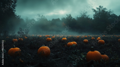 Spooky Pumpkin Field near the dark woods