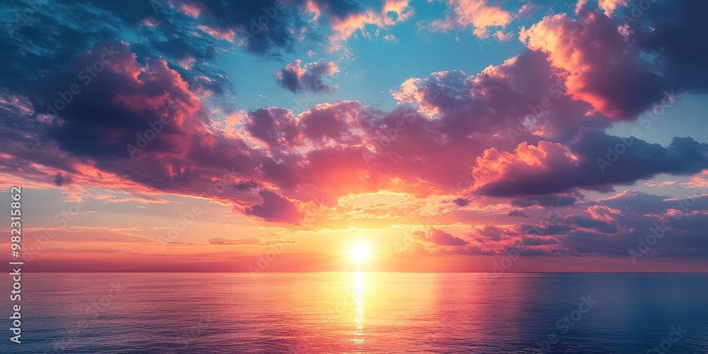 Fototapeta premium Stunning Sunset Over Calm Ocean Waters with Colorful Clouds