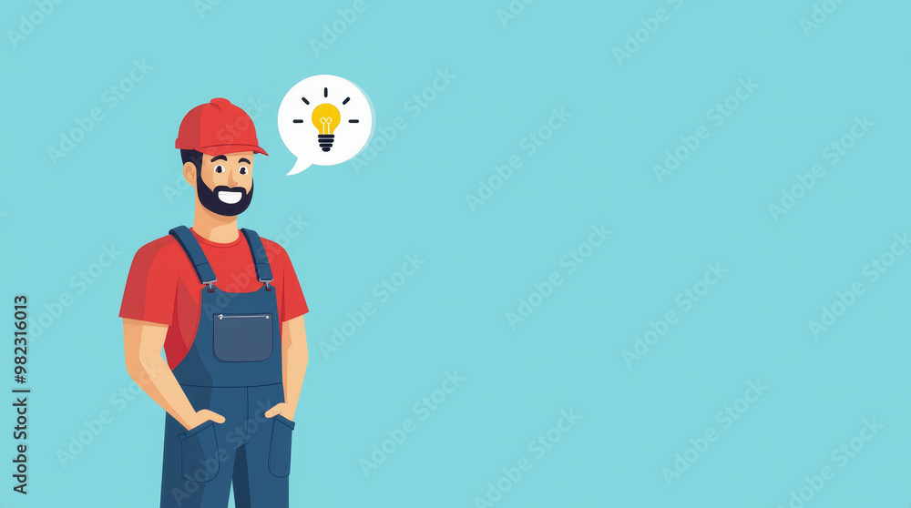 A smiling construction worker in overalls and a red cap stands confidently with hands in pockets, showing enthusiasm for new ideas against a vibrant blue backdrop A smiling construction worker in overalls and a red cap stands confidently with hands in pockets, showing enthusiasm for new ideas against a vibrant blue backdrop