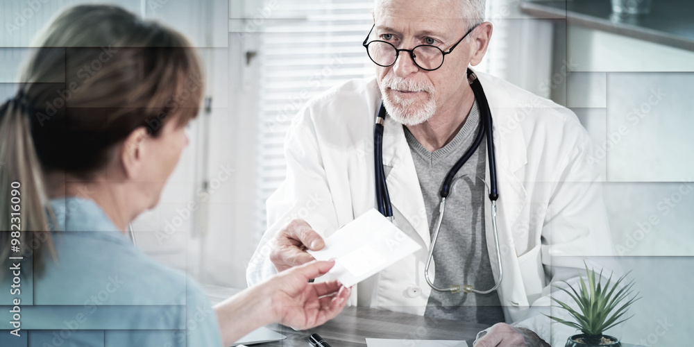 Senior doctor giving prescription to his patient, geometric pattern Senior doctor giving prescription to his patient, geometric pattern