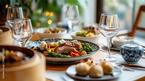 A beautifully arranged dining table featuring various Asian dishes and drinks.