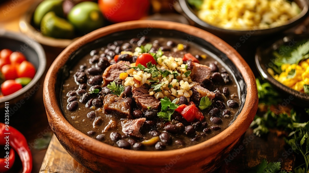 A delicious bowl of black bean stew with meat, garnished with herbs and vegetables. A delicious bowl of black bean stew with meat, garnished with herbs and vegetables.