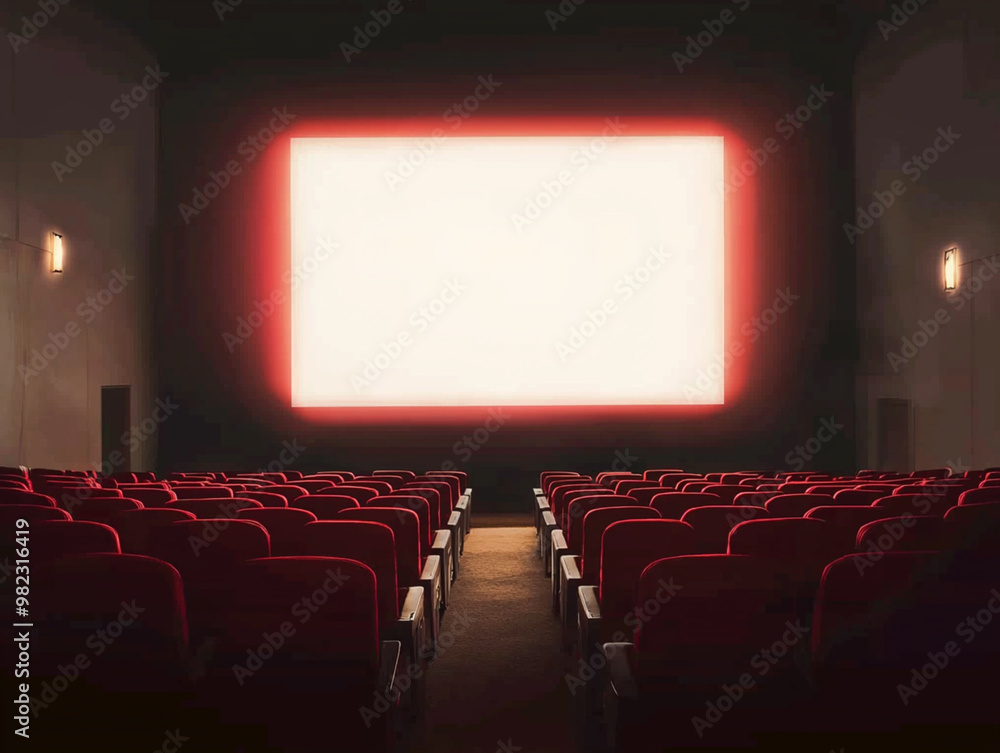 Fototapeta premium A movie theater with a red screen and empty seats