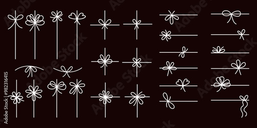 Simple line bow ribbon doodle set. Isolated white line on black background. Vector hand drawings bowknot on string, lines and corners decoration