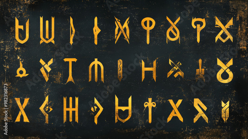 A vector illustration showcasing the complete collection of the Rune alphabet (Futhark), featuring the Rune Fehu. This artwork highlights mystical symbols associated with ancient Germanic writing. photo