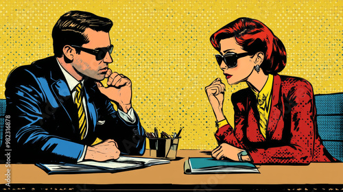 Business meeting between a boss and a subordinate depicted in a retro style pop art illustration. photo