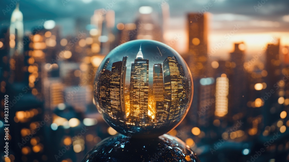 Cityscape reflected in glass sphere with vibrant lights Cityscape reflected in glass sphere with vibrant lights