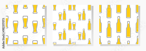 Beer bottles and glasses. Vector seamless patterns collection. Stylized elements on white background.