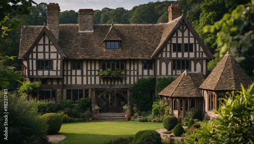 a grand Tudor-style manor with timber framing, steep rooflines, and large chimneys, set in the lush English countryside