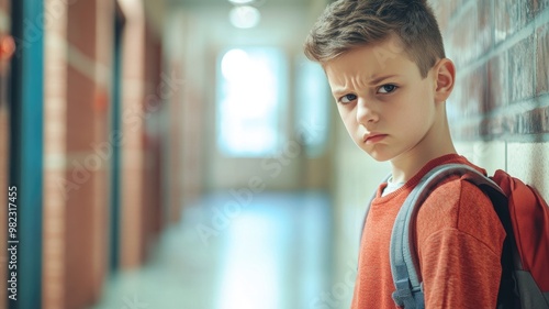 Young boy in hallway with backpack, looking sad photo