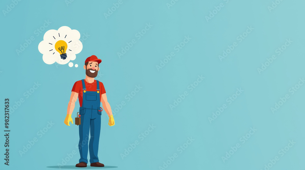 A skilled carpenter in blue overalls and gloves stands thoughtfully, contemplating a new idea represented by a light bulb icon above his head, with a simple blue backdrop A skilled carpenter in blue overalls and gloves stands thoughtfully, contemplating a new idea represented by a light bulb icon above his head, with a simple blue backdrop