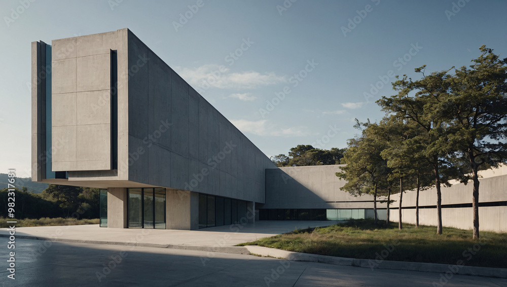 a minimalist building with clean, sharp lines, made entirely of smooth concrete, with large glass windows reflecting the surrounding landscape a minimalist building with clean, sharp lines, made entirely of smooth concrete, with large glass windows reflecting the surrounding landscape