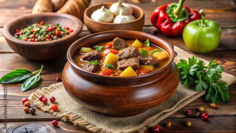 Slow-cooked beef stew simmers in a clay pot with aromatic spices and tender vegetables, filling the air with Slow-cooked beef stew simmers in a clay pot with aromatic spices and tender vegetables, filling the air with
