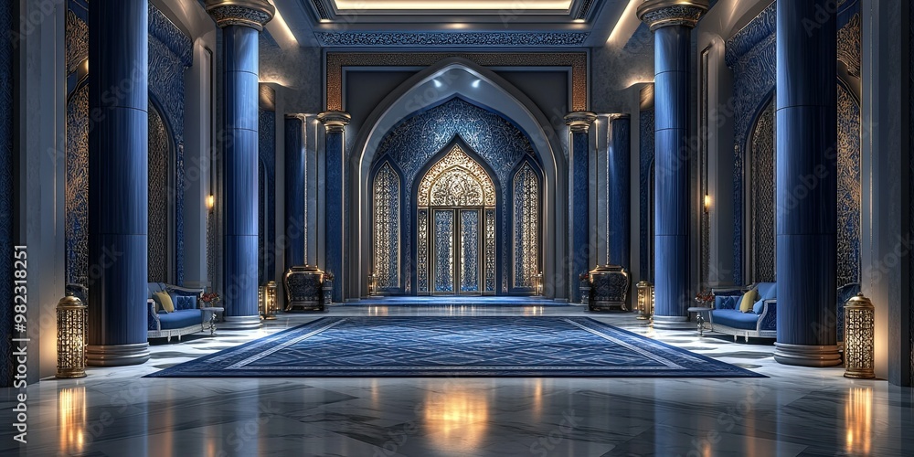 expensive hotel lobby with luxury indigo wooden panels, carvings royal style and elegant glowing floor expensive hotel lobby with luxury indigo wooden panels, carvings royal style and elegant glowing floor