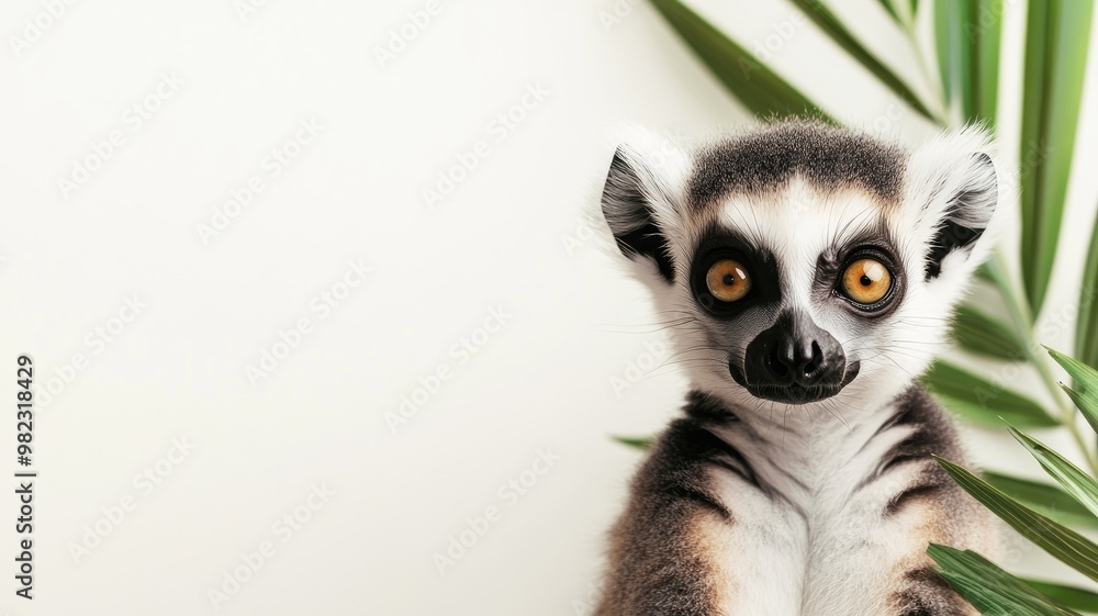 Fototapeta premium Close-up of ring-tailed lemur beside green leaves
