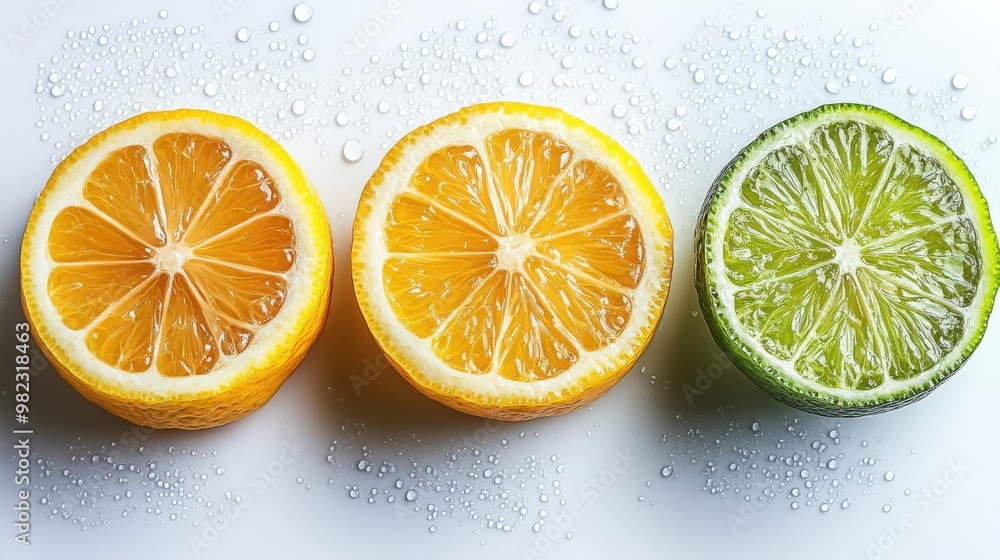 Fresh Citrus Slices with Water Droplets on White Surface Fresh Citrus Slices with Water Droplets on White Surface