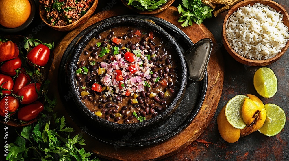 A vibrant dish of black beans garnished with vegetables and served with rice and lime.