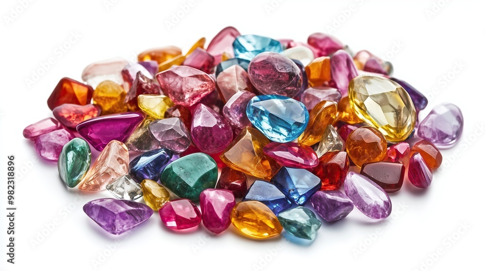 side view on one single colorful glass gems pile heap isolated on white background side view on one single colorful glass gems pile heap isolated on white background