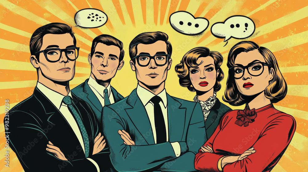 Good business team concept illustrated in a pop art retro vector style, featuring kitsch vintage elements from the 50s and 60s. Good business team concept illustrated in a pop art retro vector style, featuring kitsch vintage elements from the 50s and 60s.