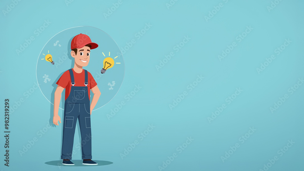 A young boy is smiling while standing with hands in his pockets, surrounded by bright light bulbs, symbolizing creativity and ideas. The background is a soothing blue A young boy is smiling while standing with hands in his pockets, surrounded by bright light bulbs, symbolizing creativity and ideas. The background is a soothing blue