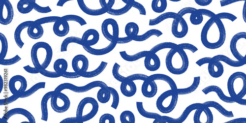 Curly bold lines. Hand drawn ink brush squiggles seamless pattern. Cute organic thick curved shapes