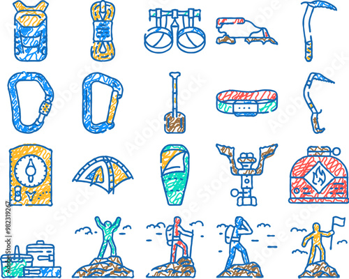 mountaineering tool sport doodle icons set vector. sketch line art adventure climbing, extreme equipment, climber activity, alpinism hiking, rope mountaineering tool sport color illustrations