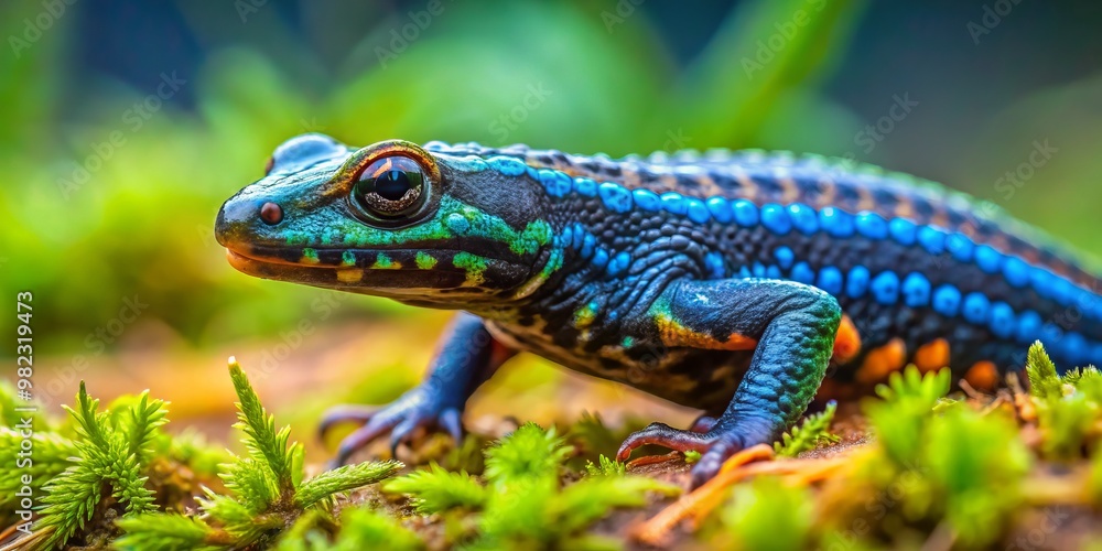 Soft blue hues blend with emerald green, shading into turquoise and teal on the newt's ribbed back, a Soft blue hues blend with emerald green, shading into turquoise and teal on the newt's ribbed back, a