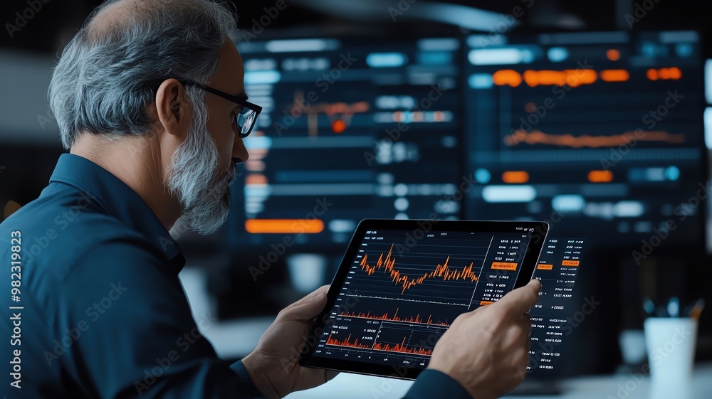 Businessman analyzing stock charts of luxury brands on a sleek tablet in a luxury office, illustrating wealth management and investment in the luxury market Businessman analyzing stock charts of luxury brands on a sleek tablet in a luxury office, illustrating wealth management and investment in the luxury market