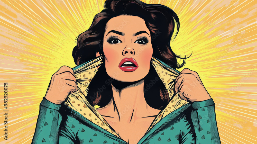 A pop art retro vector illustration of a superhero woman dramatically ripping her shirt. The artwork features vibrant colors, bold lines, and dynamic poses, emphasizing strength and empowermen. A pop art retro vector illustration of a superhero woman dramatically ripping her shirt. The artwork features vibrant colors, bold lines, and dynamic poses, emphasizing strength and empowermen.
