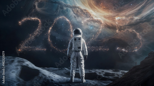 An astronaut standing on space, looking at the the stars that make up the text number 2025. New Year on Space concept