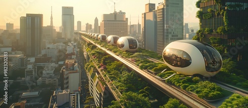 Futuristic transport pods traveling on elevated track surrounded by greenery amidst a modern cityscape at sunset.