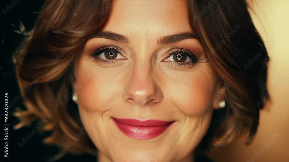 Close-up portrait of a smiling woman with warm lighting and short hair Close-up portrait of a smiling woman with warm lighting and short hair