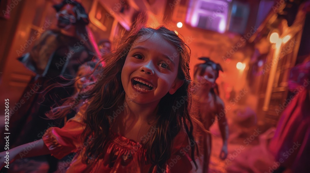 Kids dressed in Halloween costumes laughing and running in a night street with colorful lighting in the background. Kids dressed in Halloween costumes laughing and running in a night street with colorful lighting in the background.