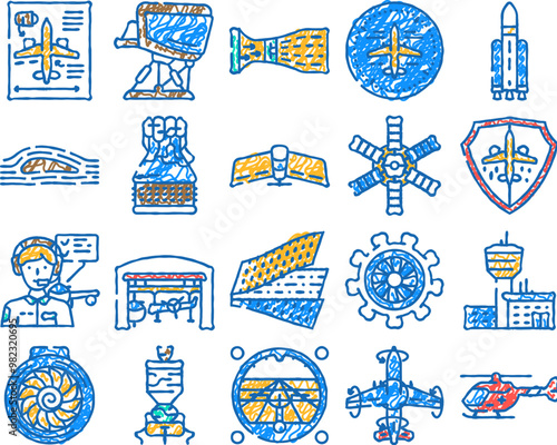 aeronautical engineer aviation doodle icons set vector. sketch line art airplane plane, aerospace jet, aeroplane airport, engine maintenance, control aeronautical engineer aviation color illustrations