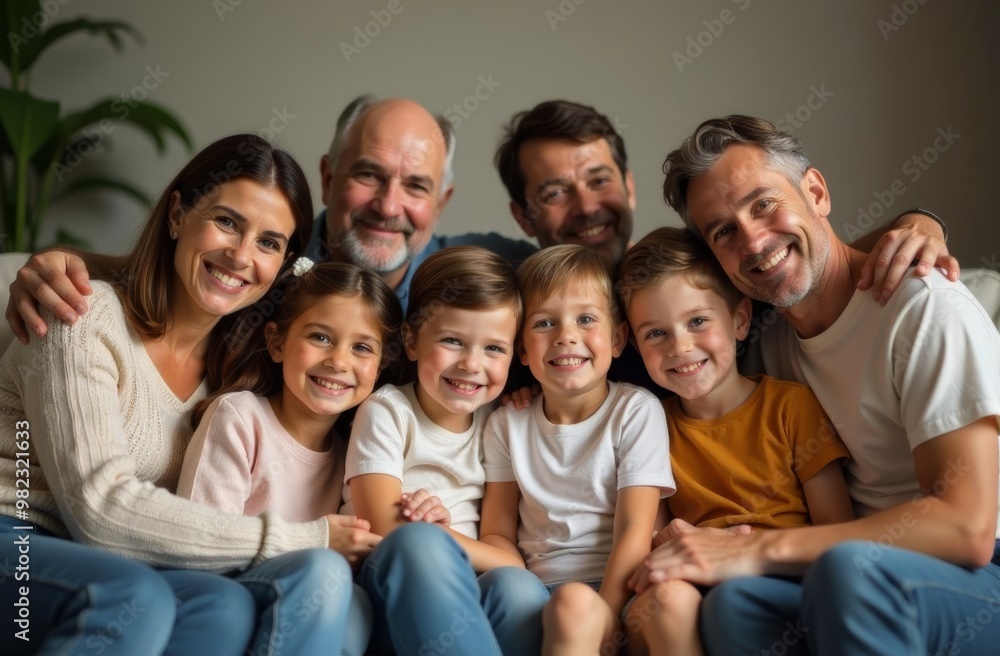 A large, friendly, cheerful family of different generations sits on a sofa hugging and looks at the camera A large, friendly, cheerful family of different generations sits on a sofa hugging and looks at the camera